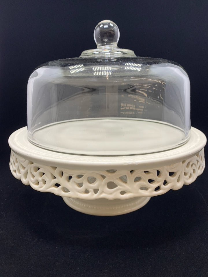 WHITE CERAMIC COVERED CAKE STAND.