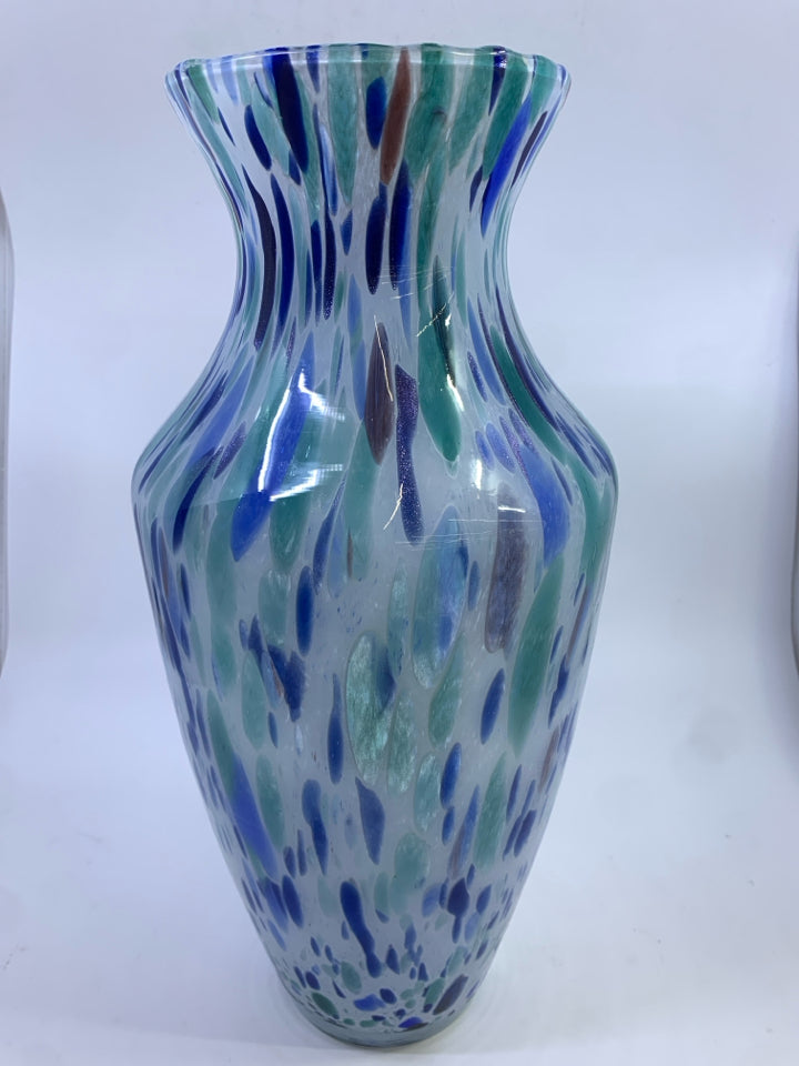 BLUE SPECKLED GLASS VASE.