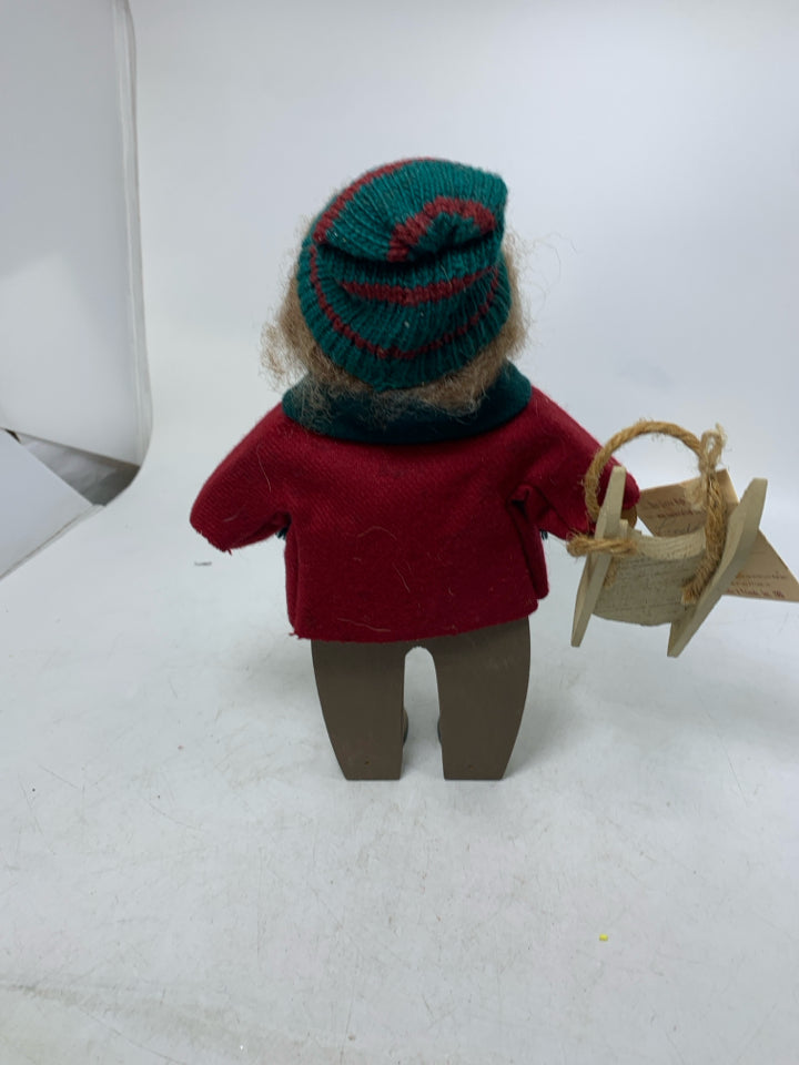 WOOD BOY RED SHIRT HOLDING SLED LIZZIE HIGH DOLL.