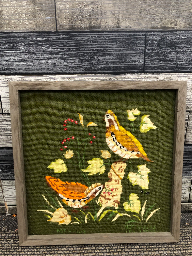 VTG ORANGE BIRD FRAMED NEEDLEPOINT.