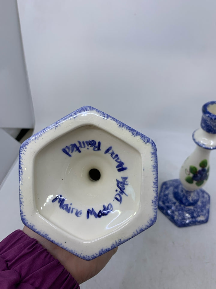 2 BLUE/WHITE SPONGE W/ BLUEBERRIES TAPERED CANDLE HOLDERS.