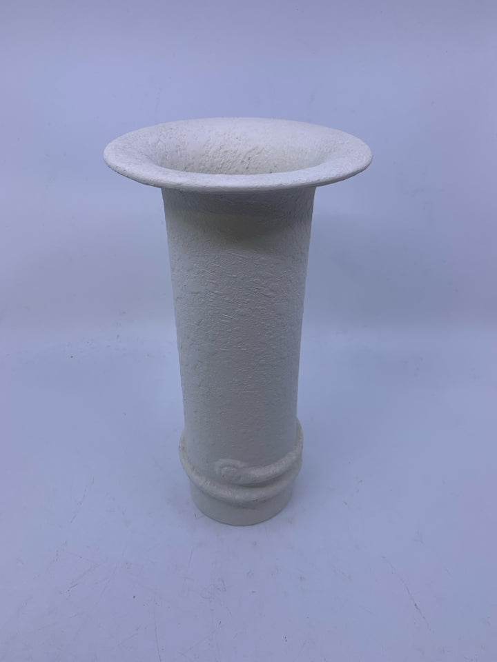 TALL TEXTURED MATTE WHITE VASE W/W FLARED TOP.