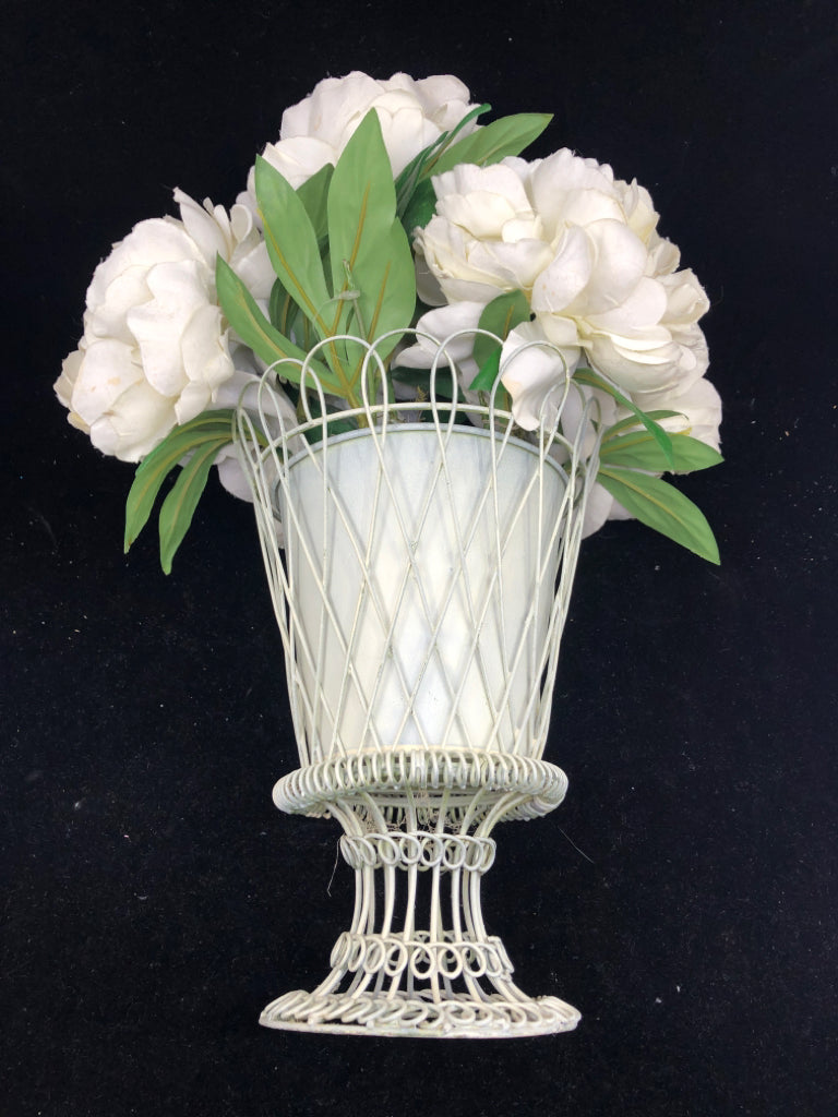 CREAM METAL FOOTED PLANTER W FAUX WHITE FLORAL.