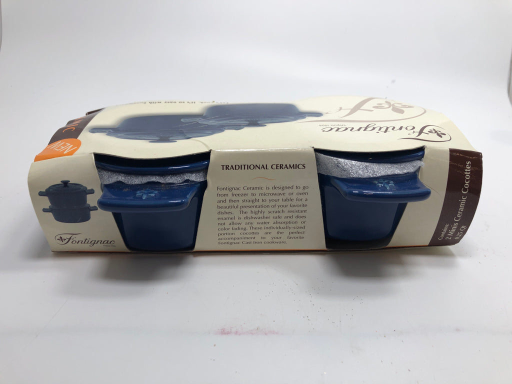 2 NIP BLUE MINI CERAMIC COCOTTES.