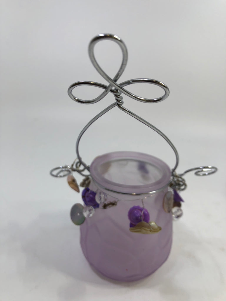 PURPLE FROSTED GLASS HANGING TEA LIGHT HOLDER W/BEADS.