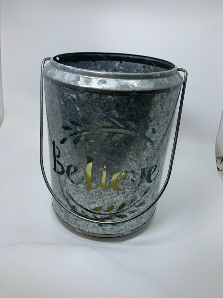 LARGE GALVANIZED LIGHT UP PIERCED "BELIEVE" LANTERN.