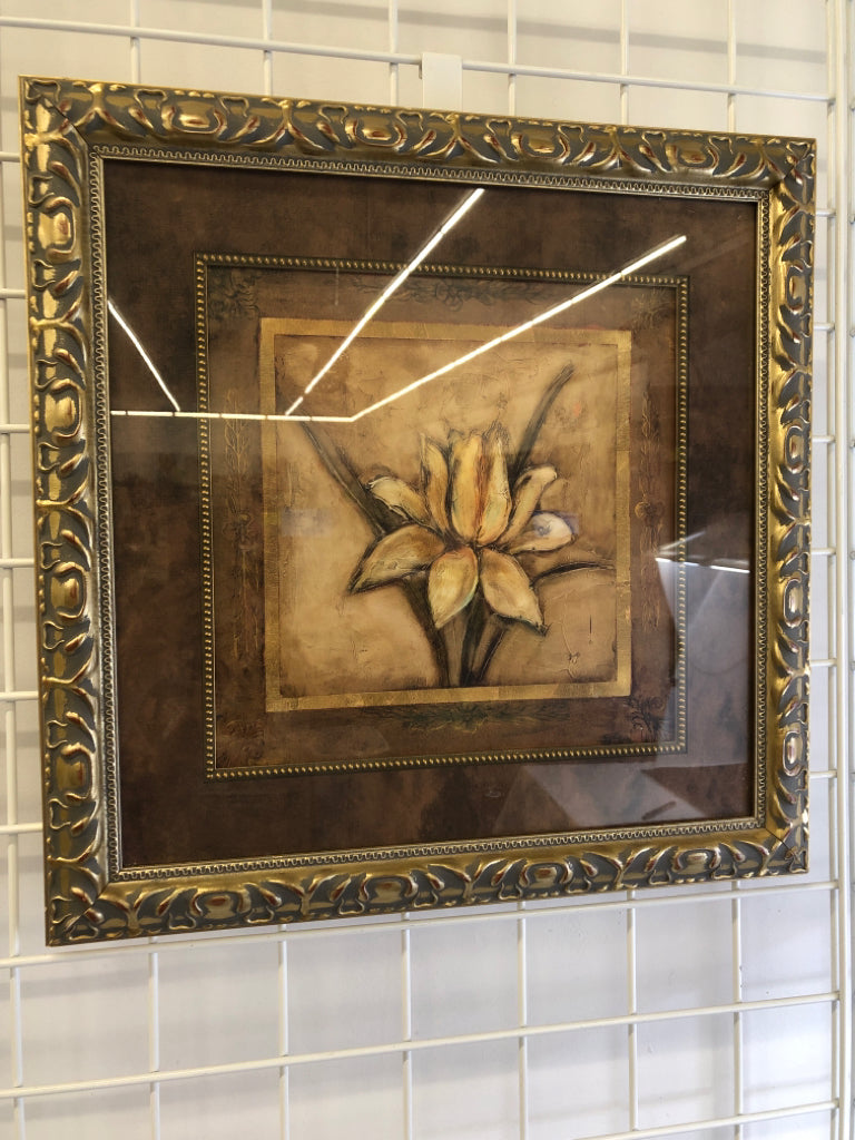CREAM FLOWER PAINTING IN GOLD SHADOWBOX FRAME.