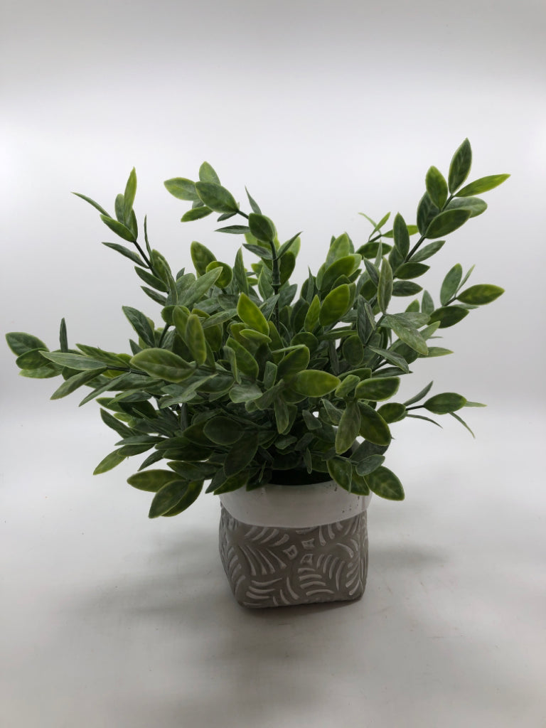 FAUX EUCALYPTUS IN GREY CEMENT POT.