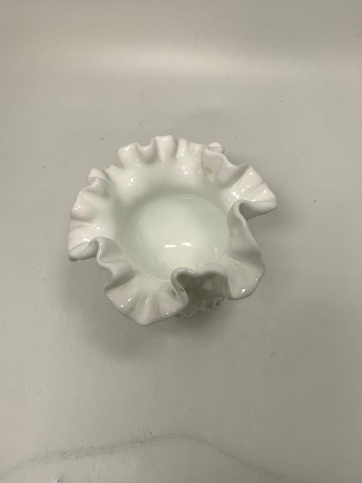 HOBNAIL MILK GLASS VASE W/ RUFFLED EDGE.