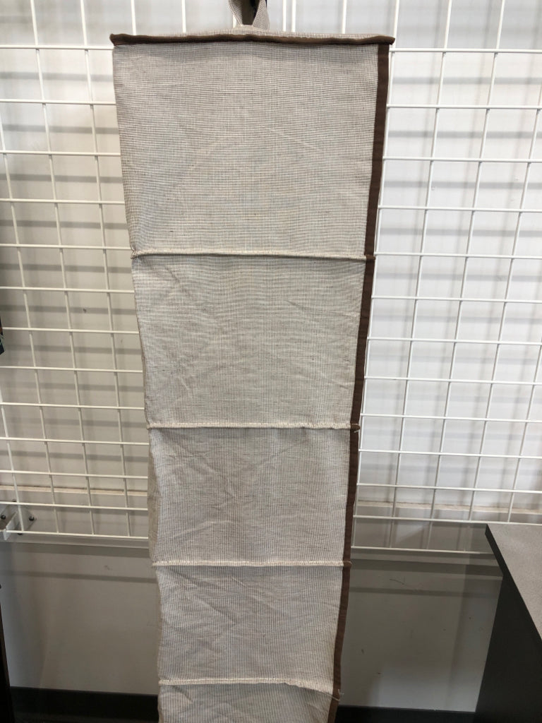 GRAY FABRIC CLOSET ORGANIZER W/BAMBOO DIVIDERS.