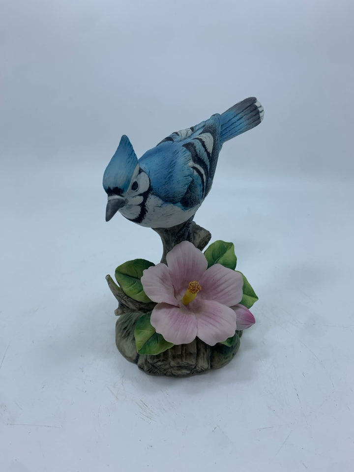 BLUE JAY W/PINK FLOWER FIGURINE.
