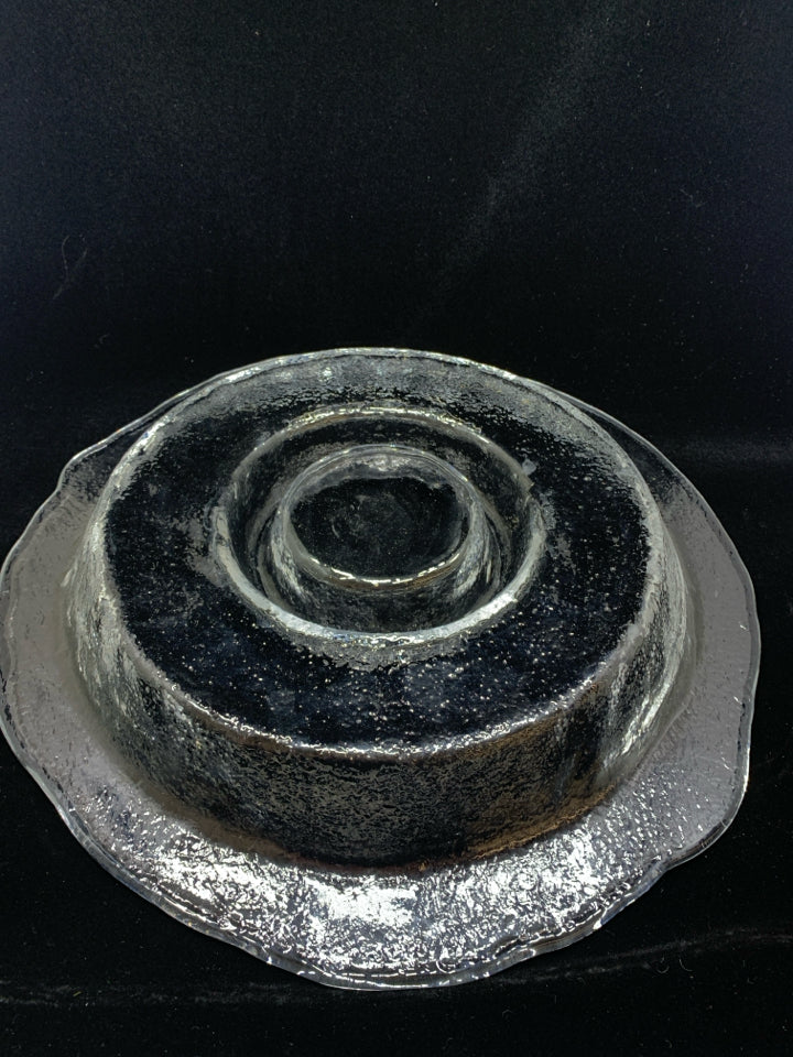 CLEAR GLASS BUBBLE CHIP AND DIP BOWL.