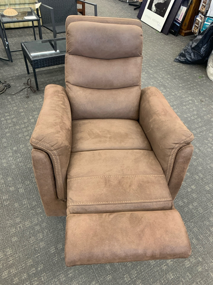 BROWN FAUX SUEDE SWIVEL RECLINER.