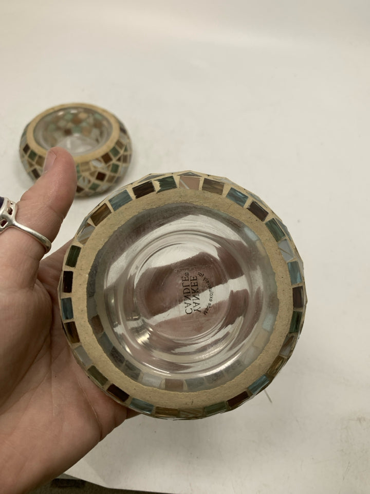 2 SHORT GLASS MOSAIC TEA LIGHT HOLDERS.