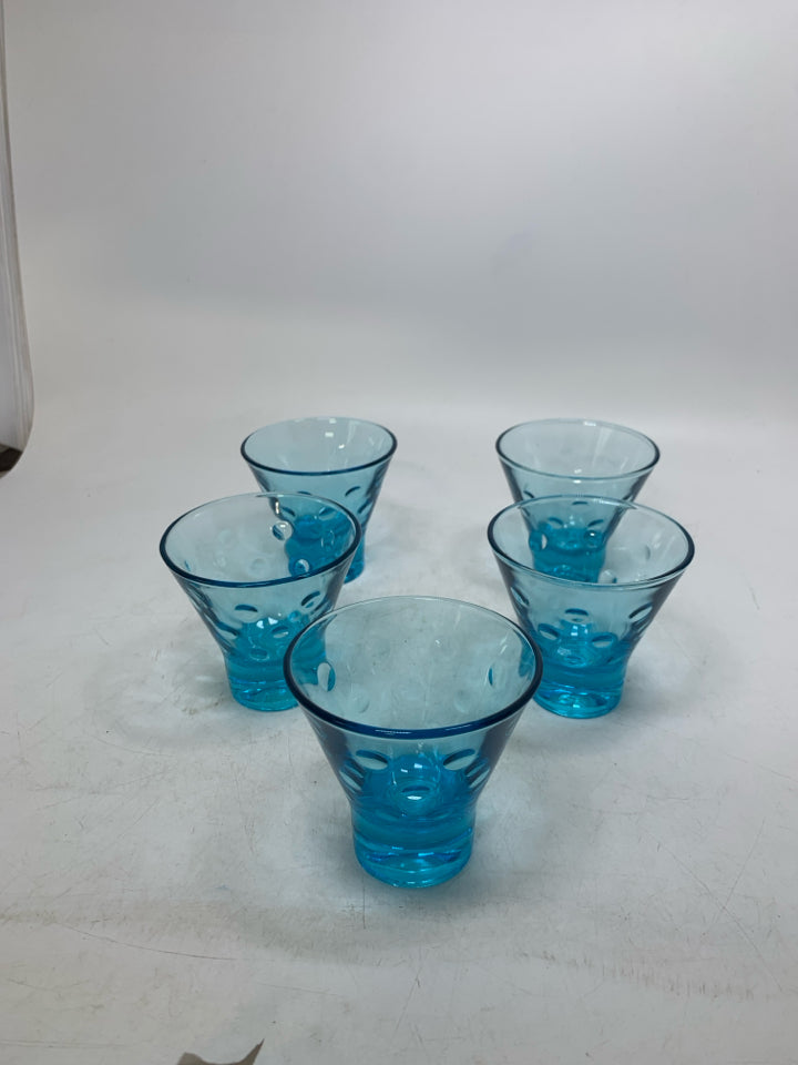 5 VTG FOOTED LIGHT BLUE CORDIAL GLASSES W/ EMBOSSED CIRCLES 3 "H