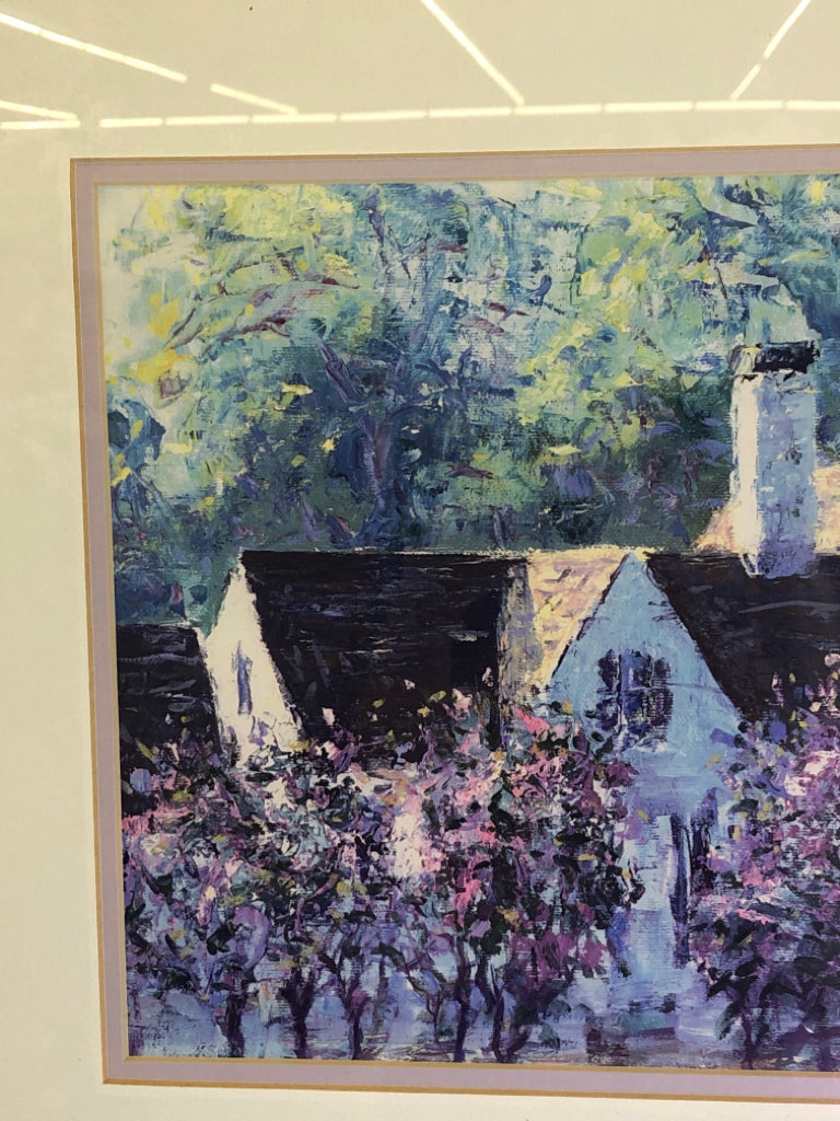 PURPLE FLOWERS COTTAGE FRAMED PAINTING- SIGNED.