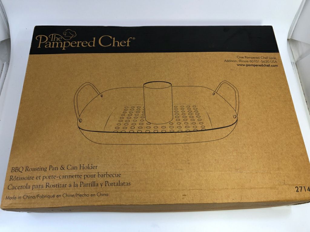 NIB PAMPERED CHEF BBQ ROASTING PAN & CAN HOLDER.