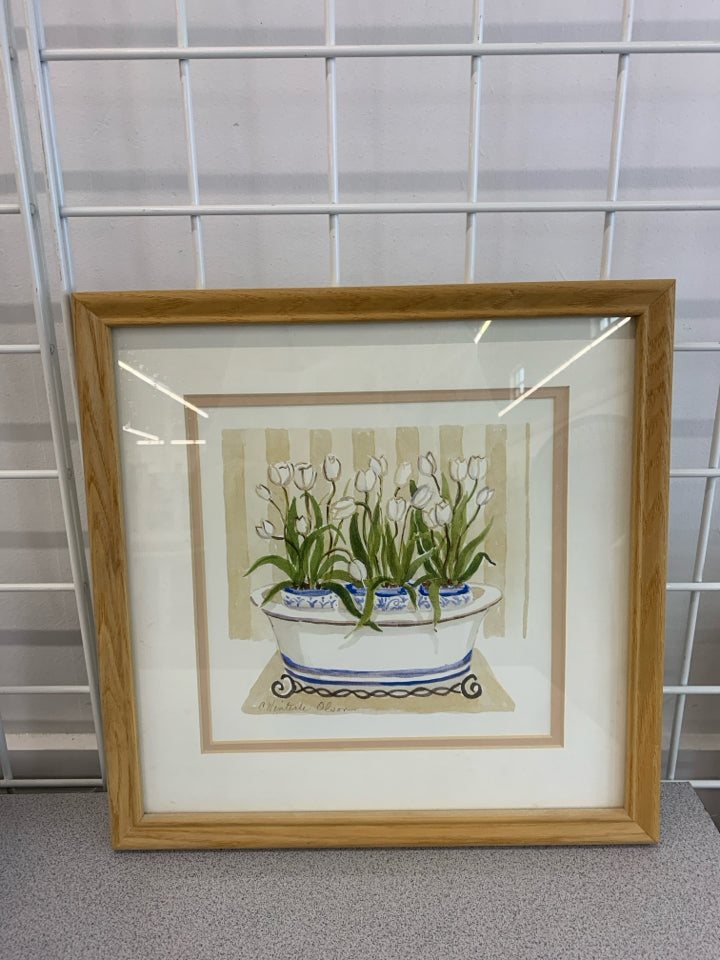 WHITE TULIPS IN LG VASE PRINT IN TAN WOOD FRAME.