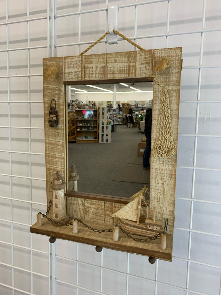 WOODEN LIGHTHOUSE BEACH SCENE MIRROR W/HOOKS.