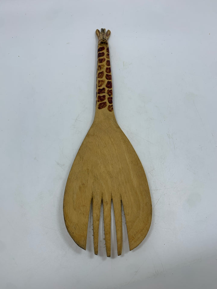 GIRAFFE HANDLE CARVED WOOD SALAD FORK.