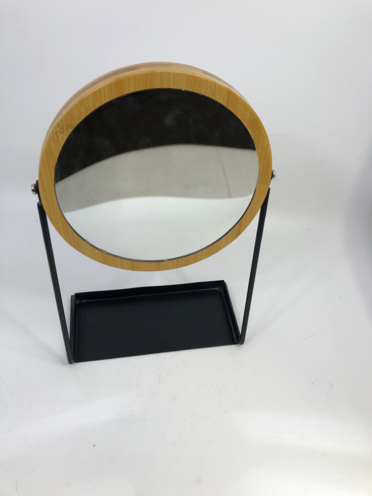 CIRCULAR MAKEUP MIRROR W/METAL BASE & WOOD FRAME.