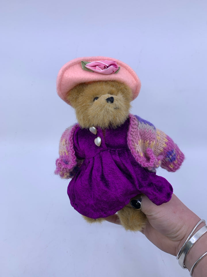 SMALL LIGHT BROWN BEAR W/ DARK PURPLE DRESS & STRIPED SWEATER BOYDS BEAR.