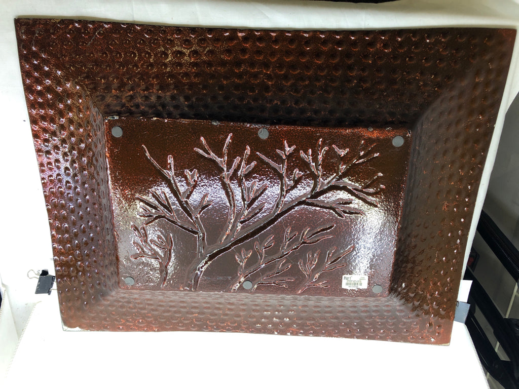LIGHT GLASS CENTER PIECE BOWL W/ SILVER/RUST COLORED EMBOSSED TREE.