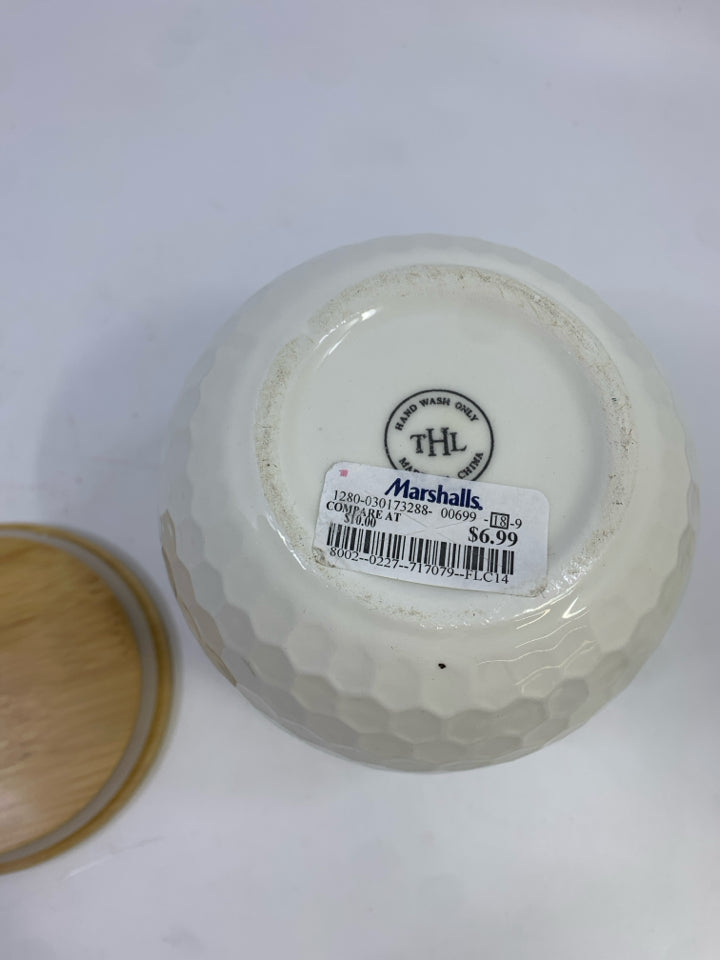 CERAMIC HONEYCOMB JAR W/BAMBOO LID.