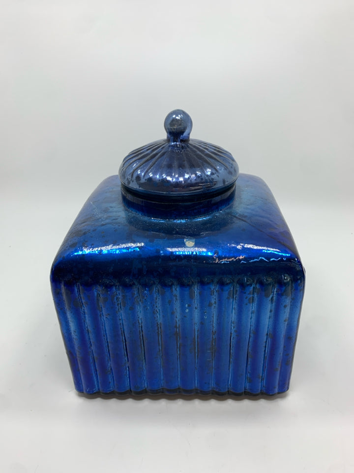 BLUE SQUARE MERCURY GLASS JAR W/LID.