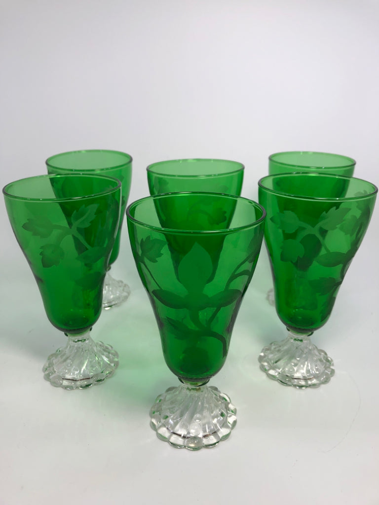 6PC VTG ANCHOR HOCKING EMERALD GREEN GOBLET W/ETCHING+SWIRLED BASE.