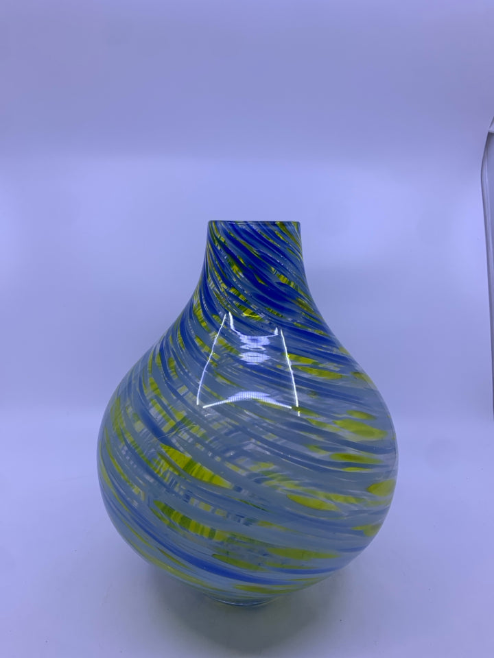 GLASS YELLOW AND BLUE SWIRL NARROW TOP VASE.