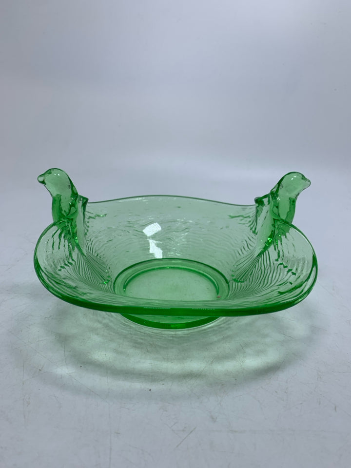 VTG DEPRESSION GLASS BIRD HANDLES BOWL.