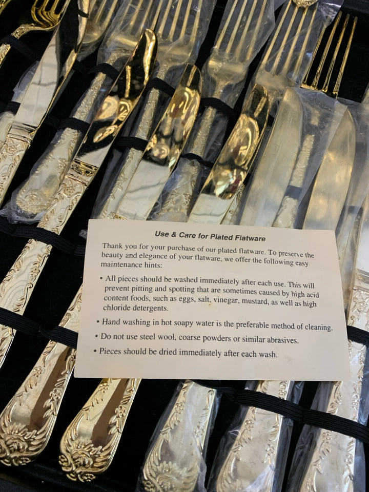 GOLD-PLATED SERV-12 FLATWARE- ROYAL PLUME IN CASE.