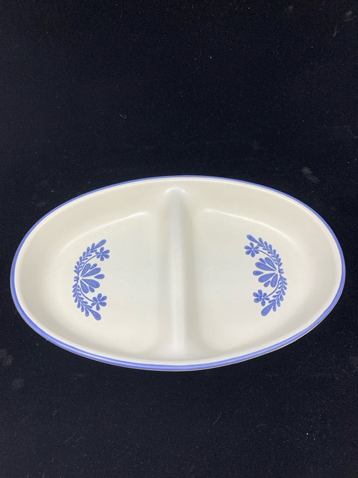 VTG CREAM & BLUE PLATTER W/DIVIDER & FLORAL PATTERN.