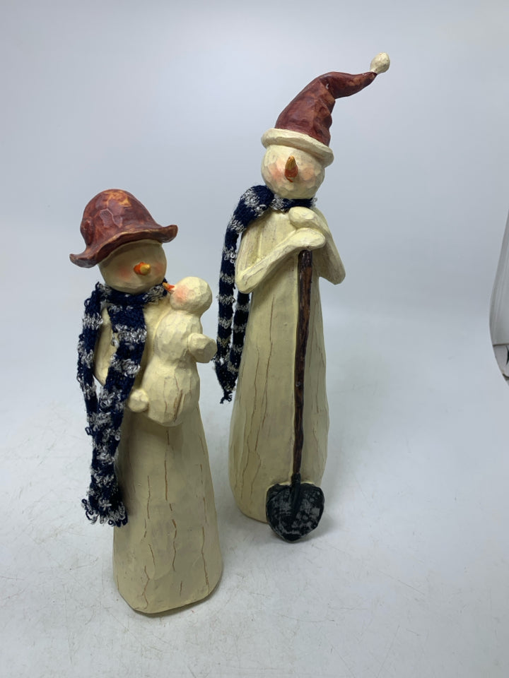 CREAM TEXTURED 2PC SNOWMAN FAMILY FIGURINES.