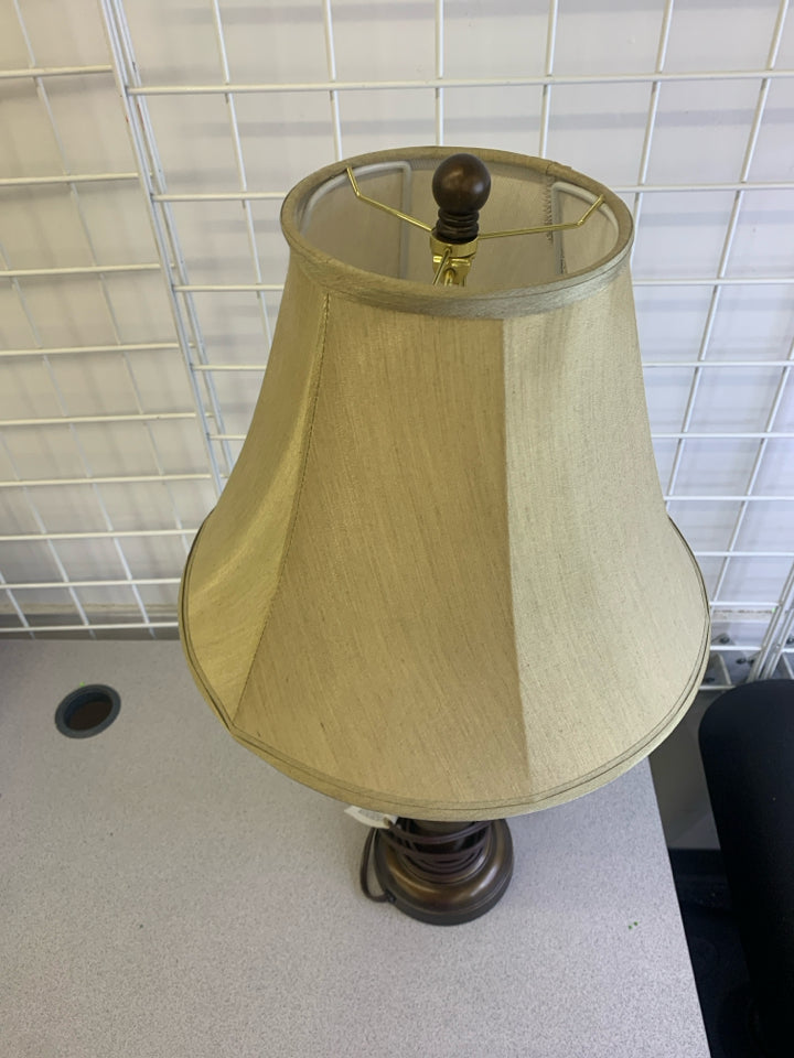 BROWN METAL DESK LAMP W/ TAN SHADE.