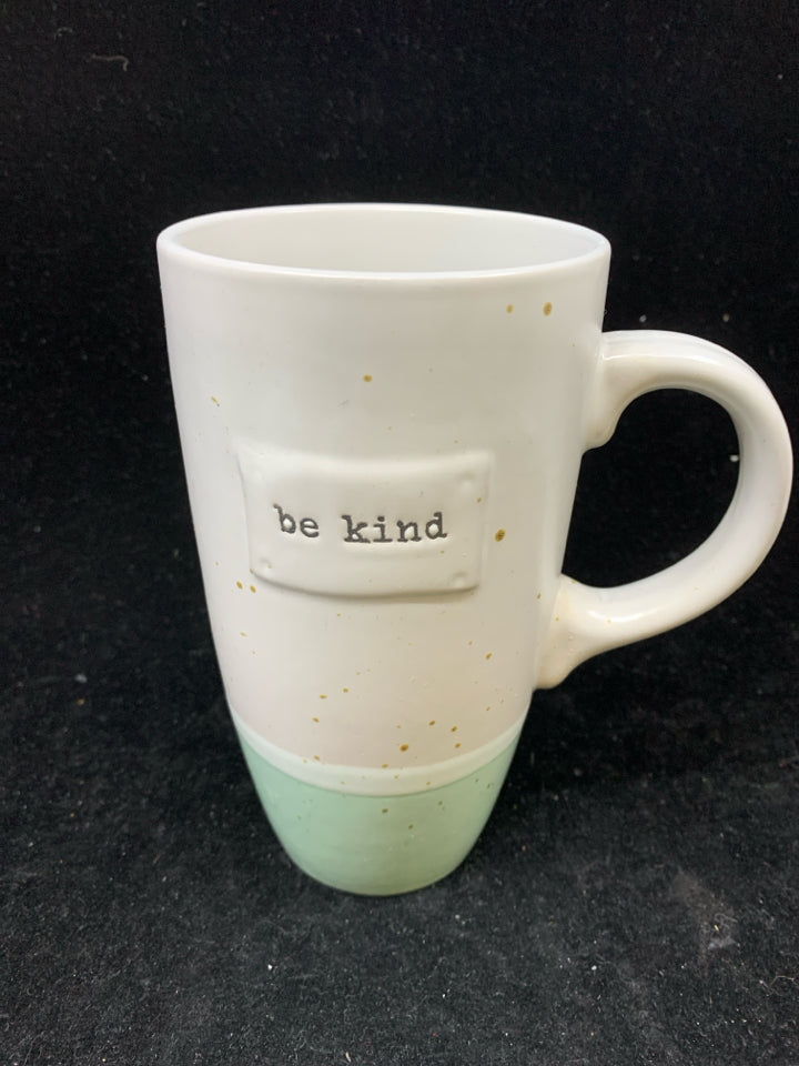 TALL "BE KIND" COFFEE MUG GREEN BOTTOM.