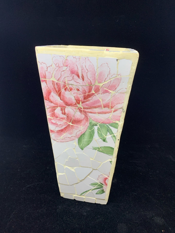 WHITE MOSAIC VASE W/PINK FLOWERS.
