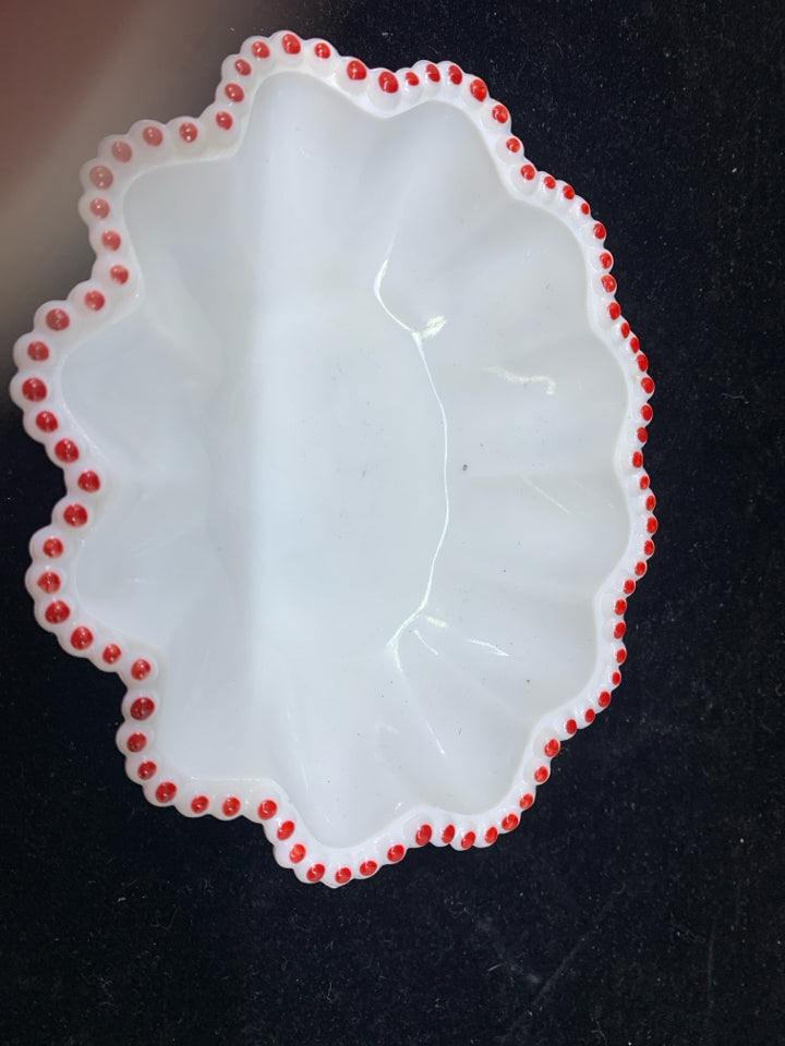 VTG MILK GLASS W RED DOTS.