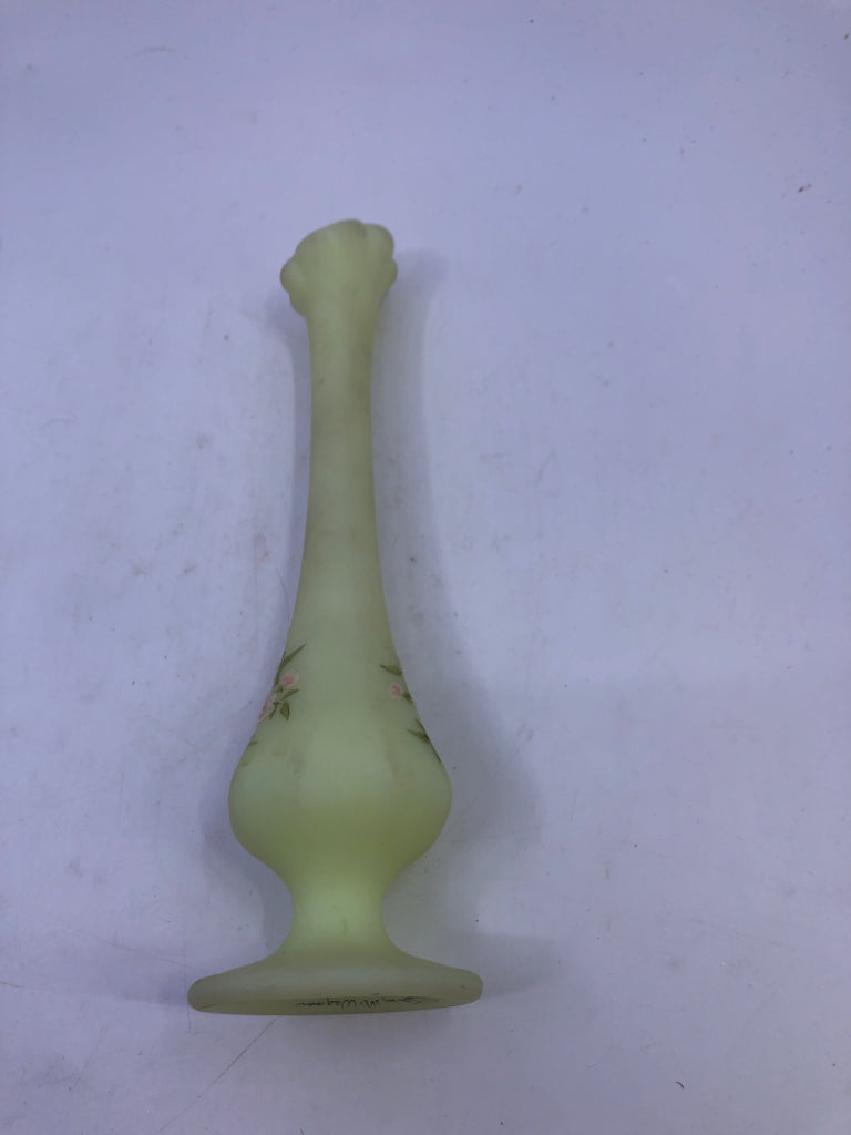 VTG URANIUM GLASS FOOTED VASE W/ PAINTED PINK FLOWERS.