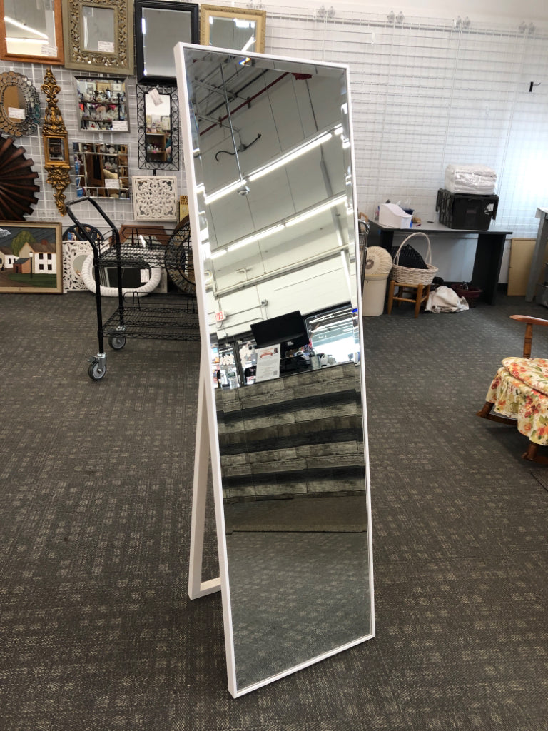 WHITE FRAMED EASEL MIRROR.