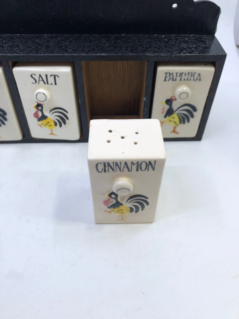 VTG WOODEN SPICE RACK W CERAMIC CONTAINERS.