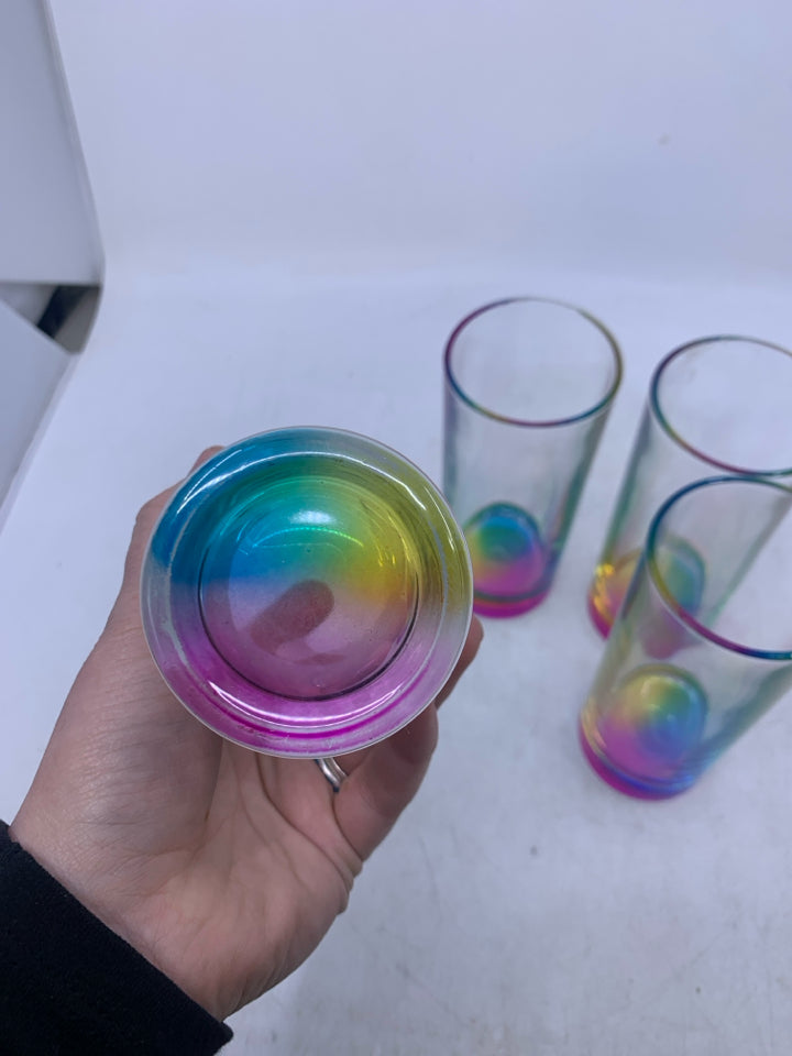 4 SKINNY GLASSES W/ RAINBOW BOTTOM.