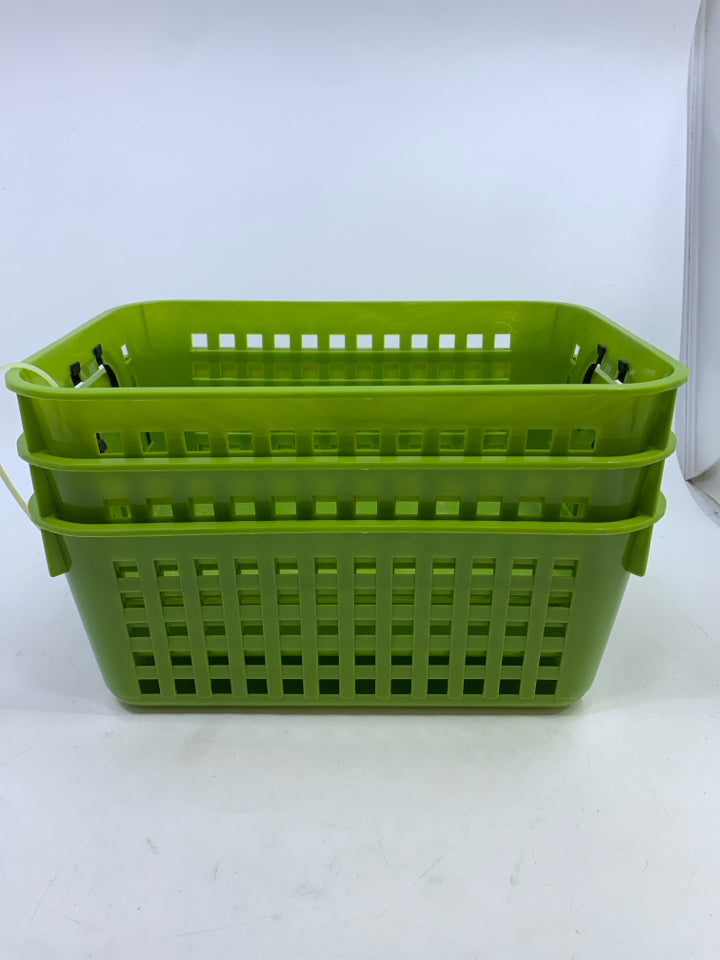 3 GREEN PLASTIC BINS.