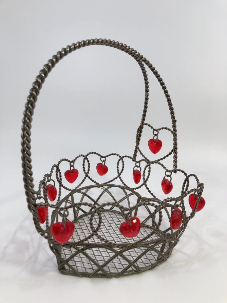 WIRE HEART BASKET W/RED HEARD BEADS.