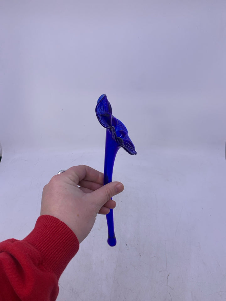 COBALT BLUE BLOWN GLASS FLOWERS.