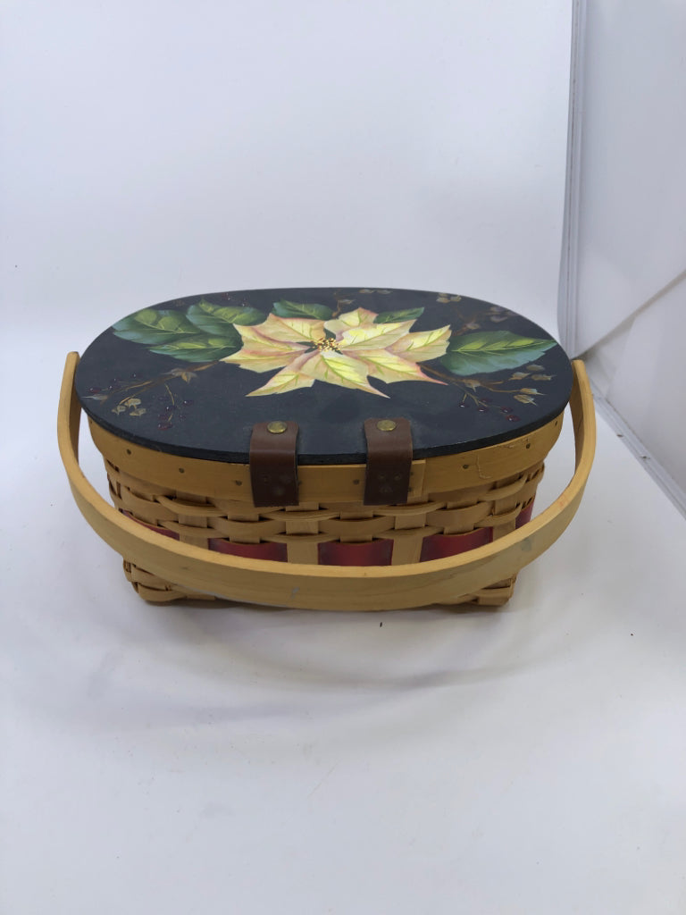 BLONDE BASKET W WHITE POINSETTIA PAINTED LID AND HANDLE.