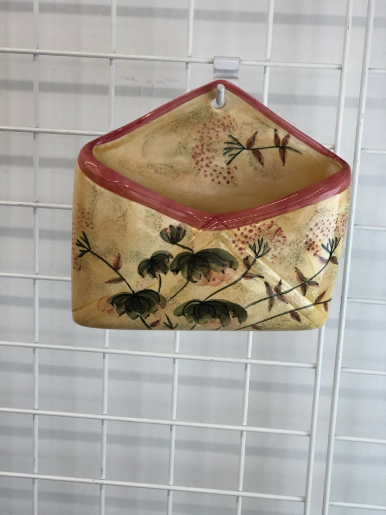 CERAMIC FLOWER PAINTED ENVELOPE WALL POCKET.