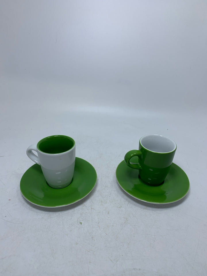 4 PC SVC 2 GREEN/WHITE ESPRESSO CUP/SAUCERS.
