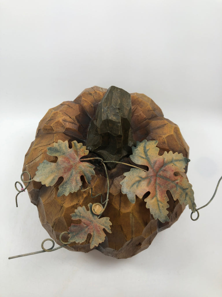 RESIN CARVED STYLE PUMPKIN W/METAL LEAVES.